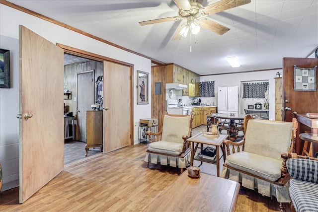 living room with light wood-type flooring, ceiling fan, and crown molding