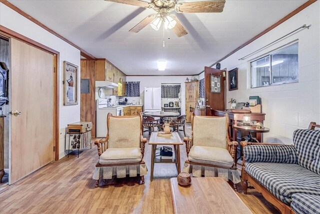 195 Carmel Dr, Sandia, TX 78383 - living area with separate washer and dryer, light wood-style floors, a ceiling fan, and ornamental molding