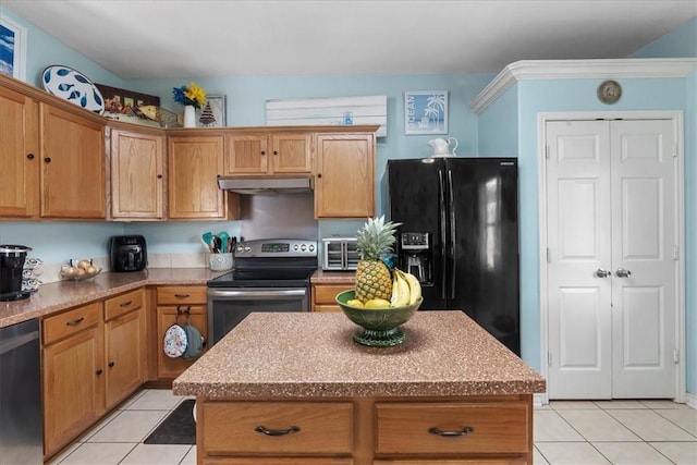 6517 Marblewing Dr, Corpus Christi, TX 78414 - kitchen featuring appliances with stainless steel finishes, light tile patterned floors, under cabinet range hood, and a center island