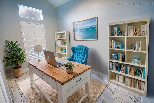 home office with vaulted ceiling