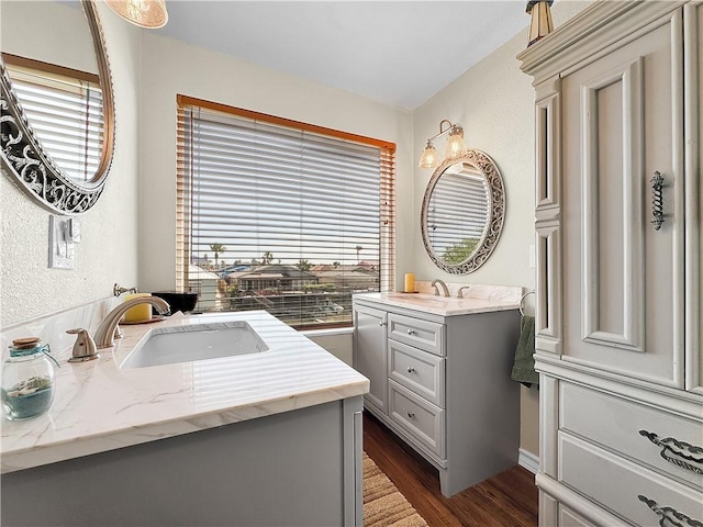 bathroom with a sink, two vanities, and wood finished floors