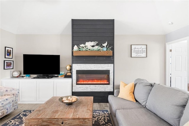 living area with a large fireplace and light wood finished floors