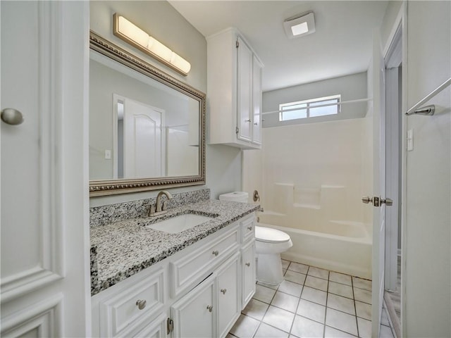 full bathroom with shower / bathing tub combination, toilet, vanity, and tile patterned flooring