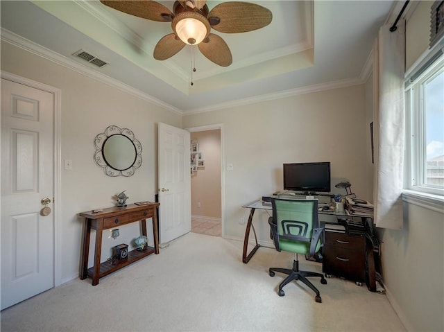 14218 Punta Bonaire Dr, Corpus Christi, TX 78418 - home office with ceiling fan, carpet flooring, crown molding, and a raised ceiling