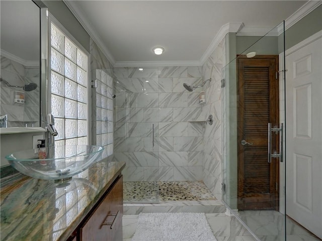 14218 Punta Bonaire Dr, Corpus Christi, TX 78418 - full bathroom with ornamental molding, vanity, tiled shower, and marble look tile flooring