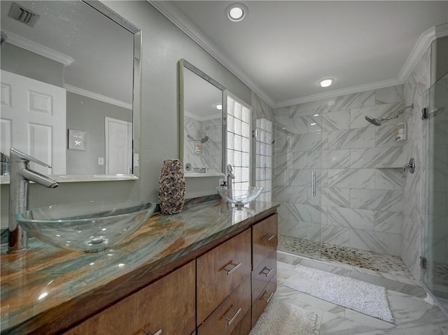 14218 Punta Bonaire Dr, Corpus Christi, TX 78418 - bathroom with a tile shower, marble finish flooring, crown molding, double vanity, and recessed lighting