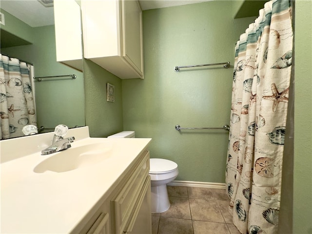 bathroom with tile patterned flooring, vanity, toilet, and a shower with shower curtain