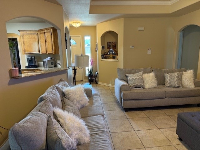 1002 Blue Crest Ln, Beeville, TX 78102 - living area featuring arched walkways, light tile patterned floors, and crown molding