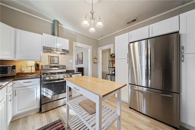 kitchen featuring white cabinets, a notable chandelier, light hardwood / wood-style floors, and appliances with stainless steel finishes