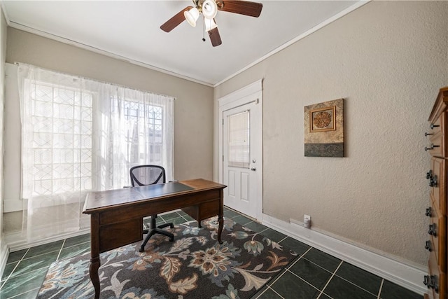 tiled home office with ceiling fan and crown molding