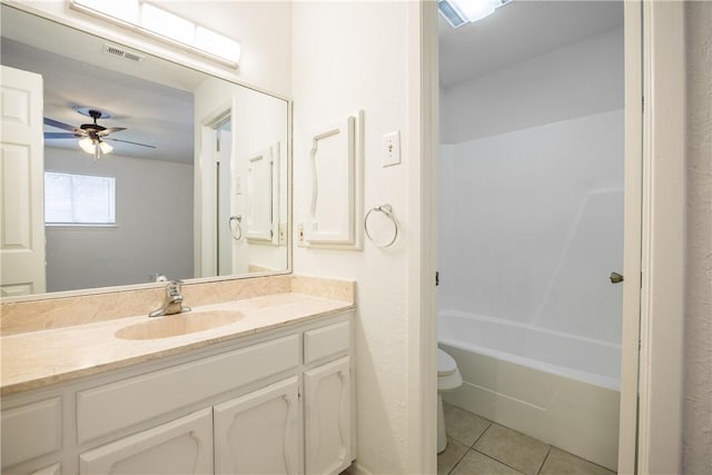 full bath with a ceiling fan, visible vents, tile patterned flooring, vanity, and toilet
