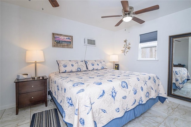 bedroom with marble look tiles, a wall mounted AC, and ceiling fan