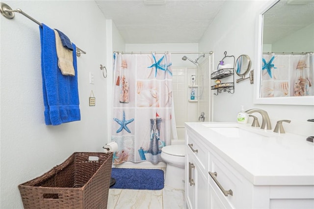 bathroom with toilet, marble finish flooring, vanity, and shower / tub combo with curtain