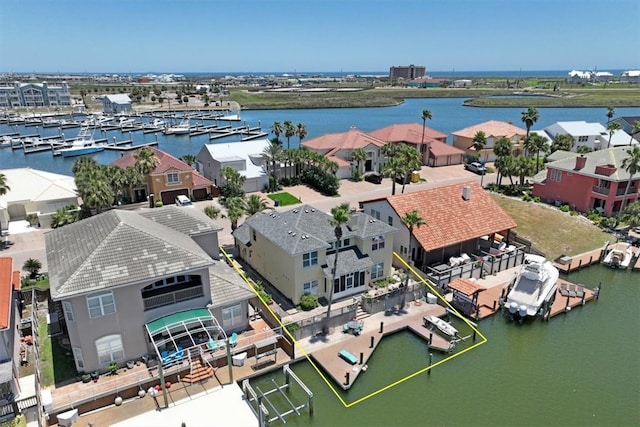 drone / aerial view featuring a water view