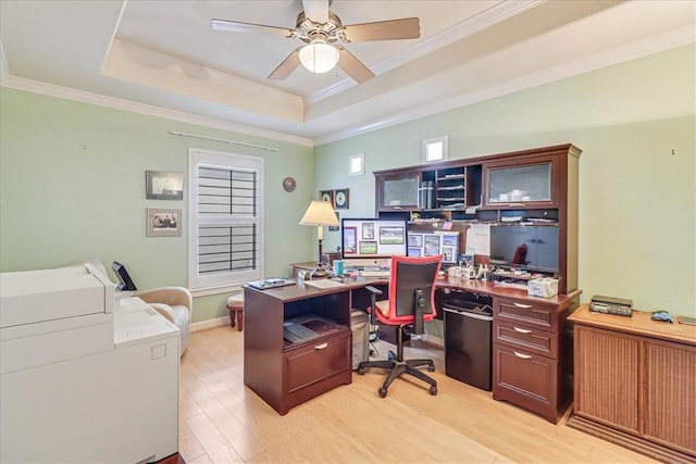 403 Marina Dr, Port Aransas, TX 78373 - office area featuring light wood finished floors, a raised ceiling, a ceiling fan, ornamental molding, and baseboards