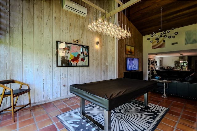 playroom featuring tile patterned flooring, pool table, a wall unit AC, high vaulted ceiling, and wooden walls