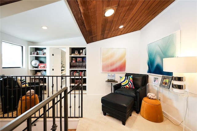 225 Chenoweth Dr, Corpus Christi, TX 78404 - sitting room with vaulted ceiling, wooden ceiling, recessed lighting, an upstairs landing, and carpet flooring