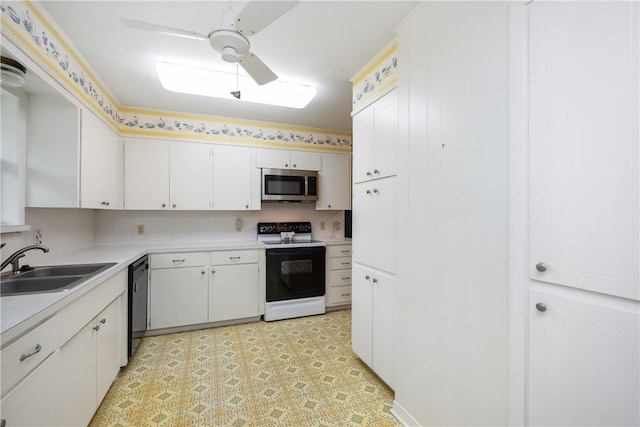 kitchen with white cabinetry, dishwasher, sink, and white electric range oven