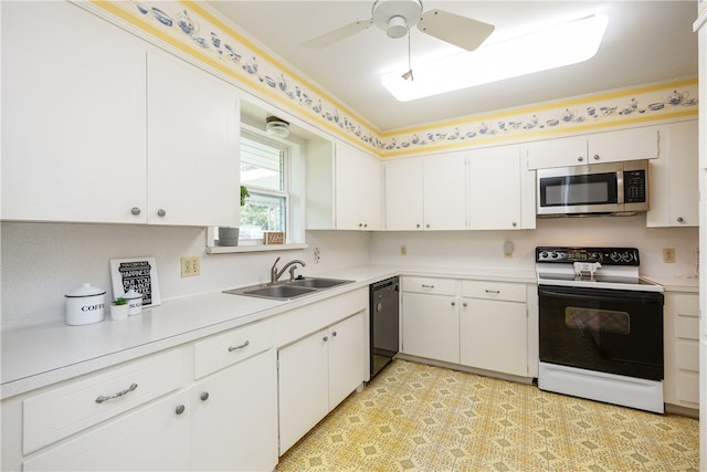 kitchen featuring dishwasher, white cabinetry, white electric stove, and sink