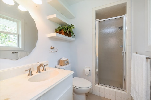 bathroom featuring an enclosed shower, vanity, and toilet