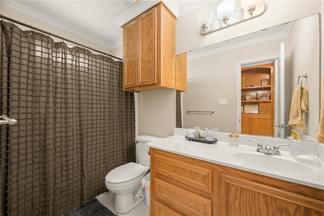 bathroom with a shower with curtain, ornamental molding, vanity, and toilet