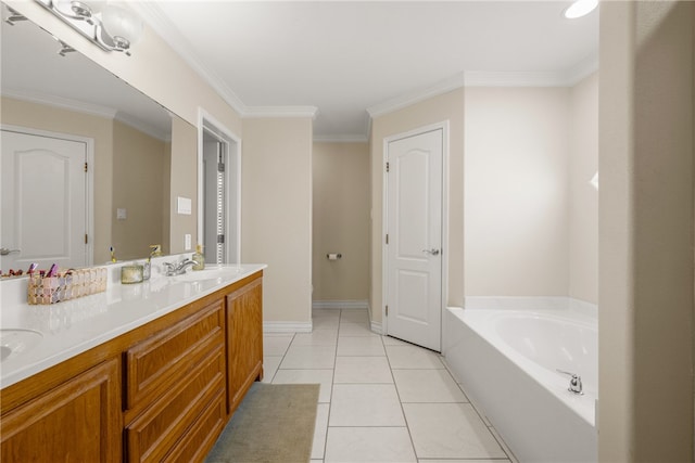 bathroom with tile patterned flooring, vanity, crown molding, and a washtub