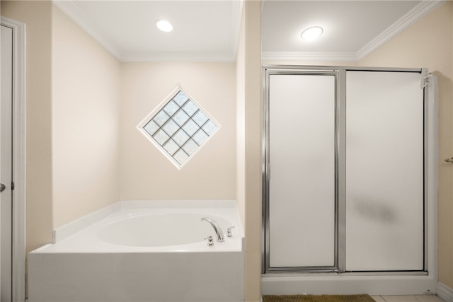 bathroom featuring independent shower and bath and crown molding