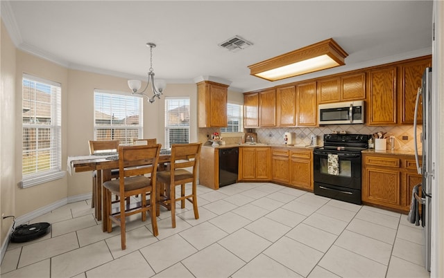 kitchen featuring light tile patterned flooring, pendant lighting, tasteful backsplash, ornamental molding, and black appliances