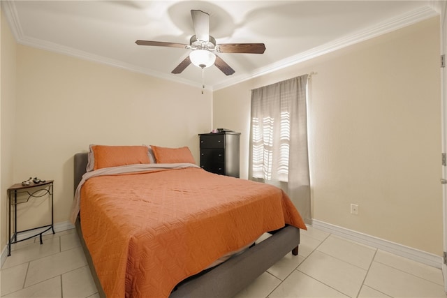 bedroom featuring ornamental molding, light tile patterned floors, and ceiling fan