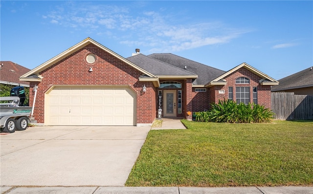 single story home featuring brick siding, driveway, a front yard, and fence