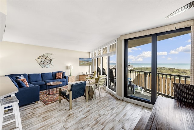 living room with a water view, light wood-type flooring, plenty of natural light, and a view of the beach