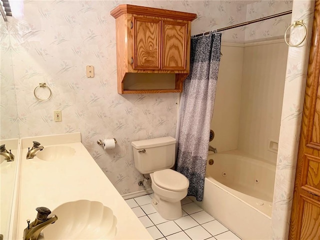 full bathroom with toilet, a combined bath / shower with jetted tub, tile patterned floors, double vanity, and wallpapered walls