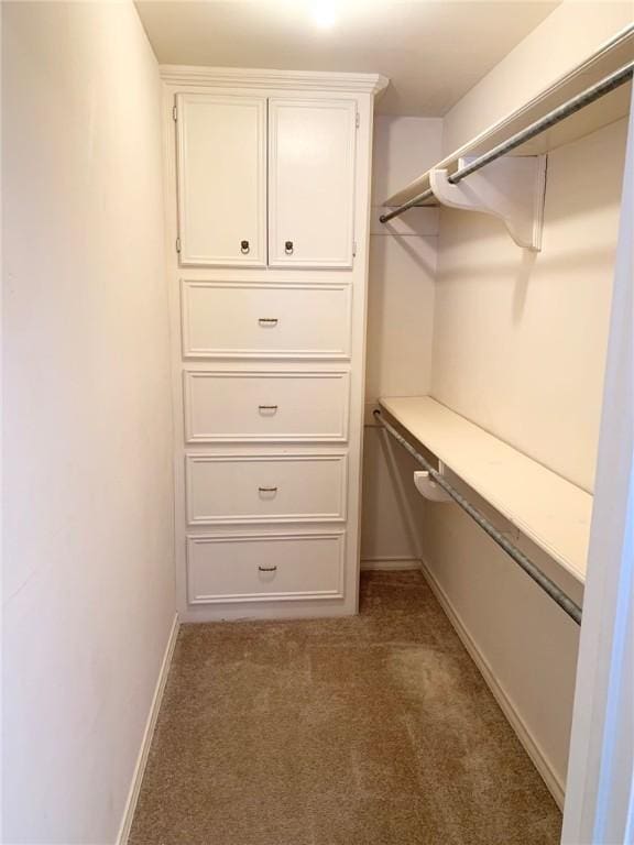 walk in closet with dark colored carpet