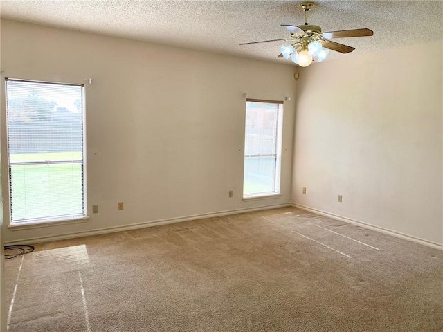 empty room featuring ceiling fan, carpet flooring, and a textured ceiling