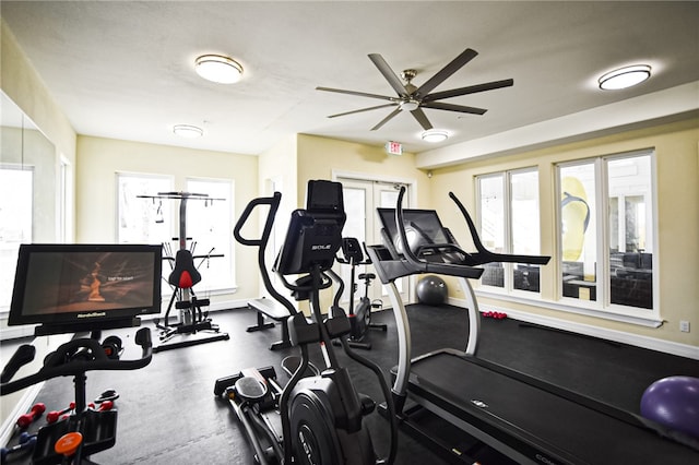 workout area featuring ceiling fan