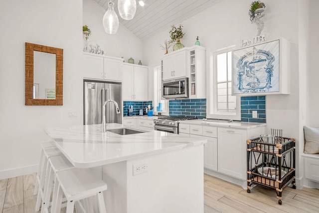 kitchen with backsplash, vaulted ceiling, high end appliances, and a sink