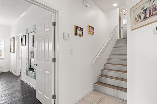 4820 Sanibel Ln, Port Aransas, TX 78373 - stairway with baseboards, recessed lighting, ornamental molding, and a healthy amount of sunlight