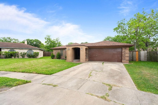 single story home featuring fence, a garage, driveway, and a front lawn