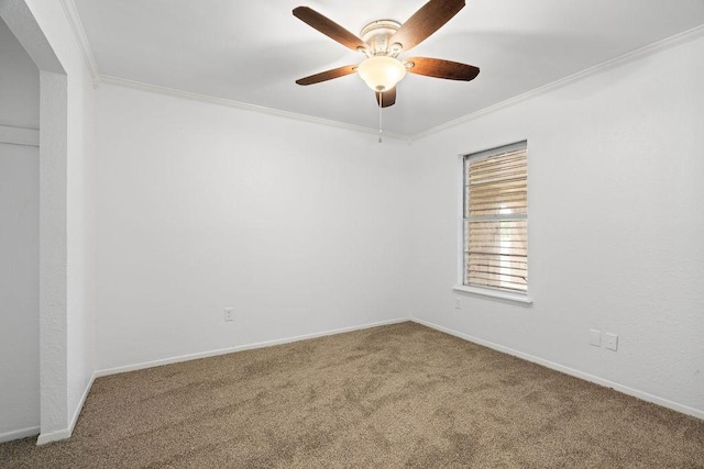 spare room with baseboards, ornamental molding, carpet, and ceiling fan