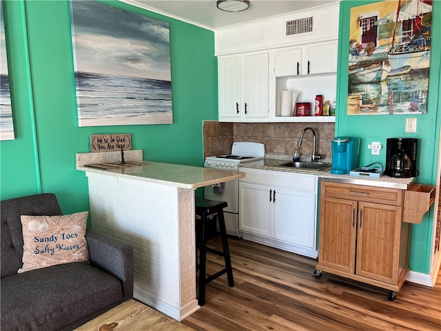 kitchen with white range with gas stovetop, white cabinetry, sink, and dark hardwood / wood-style floors