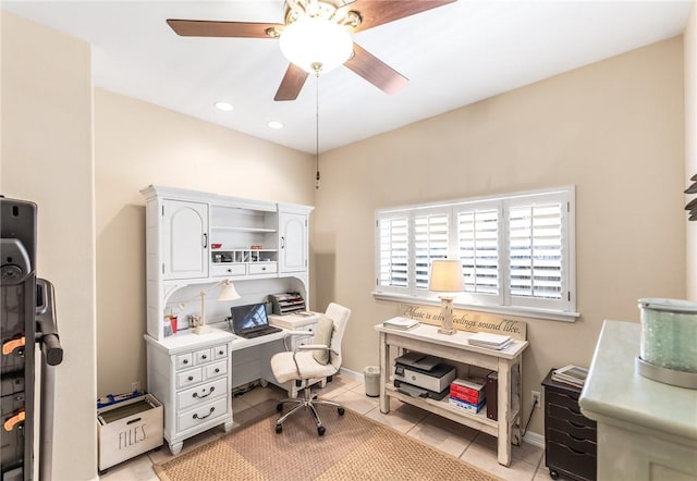 office area featuring ceiling fan, light tile patterned floors, baseboards, and recessed lighting