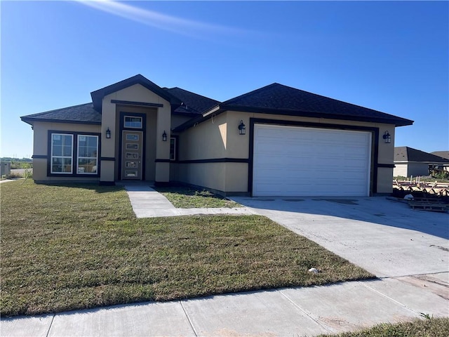 6202 Olivia St, Corpus Christi, TX 78415 - ranch-style home with a garage, concrete driveway, a front yard, stucco siding, and roof with shingles