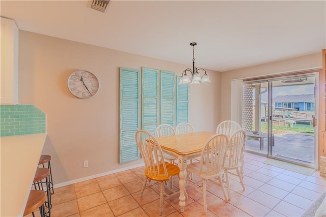 122 Palm Dr, Rockport, TX 78382 - dining space with a notable chandelier, visible vents, baseboards, and light tile patterned floors