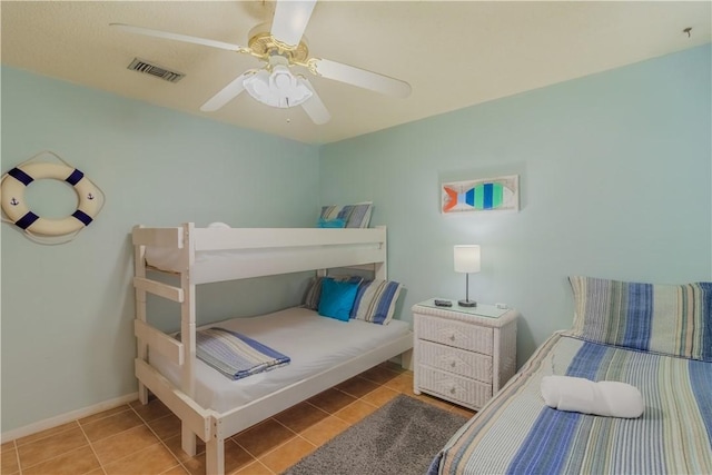 122 Palm Dr, Rockport, TX 78382 - bedroom featuring tile patterned flooring, a ceiling fan, visible vents, and baseboards