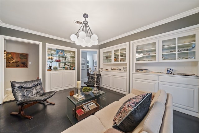 living room featuring a chandelier and crown molding