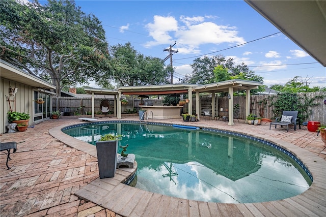 view of swimming pool featuring a hot tub, a patio, and a diving board