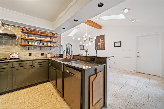 kitchen with stainless steel appliances, kitchen peninsula, sink, backsplash, and vaulted ceiling with skylight