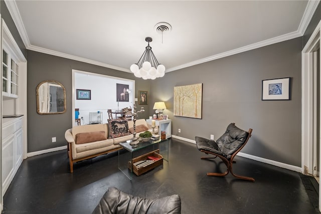 living room featuring a notable chandelier and ornamental molding