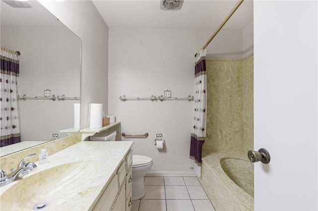 bathroom featuring a shower with shower curtain, toilet, tile patterned floors, and vanity