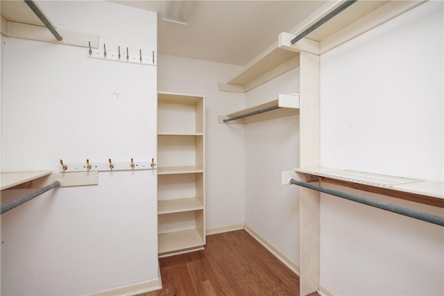 walk in closet with dark wood-type flooring